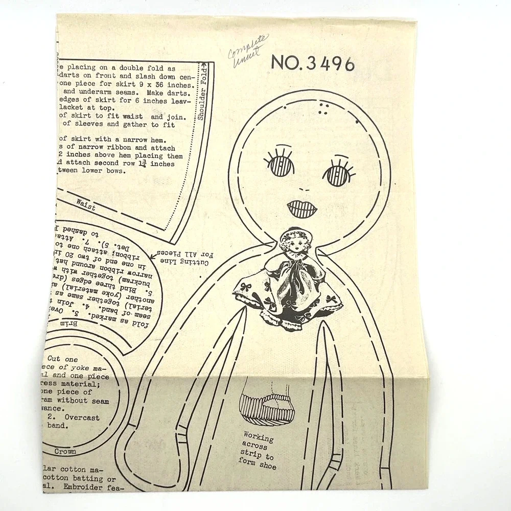 Vintage Old Fashion Doll Pattern #3496 Finished Size Approximately 14